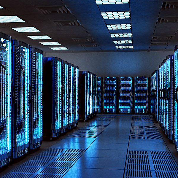 Network and internet communication technology concept, data center interior, server racks with telecommunication equipment in server room