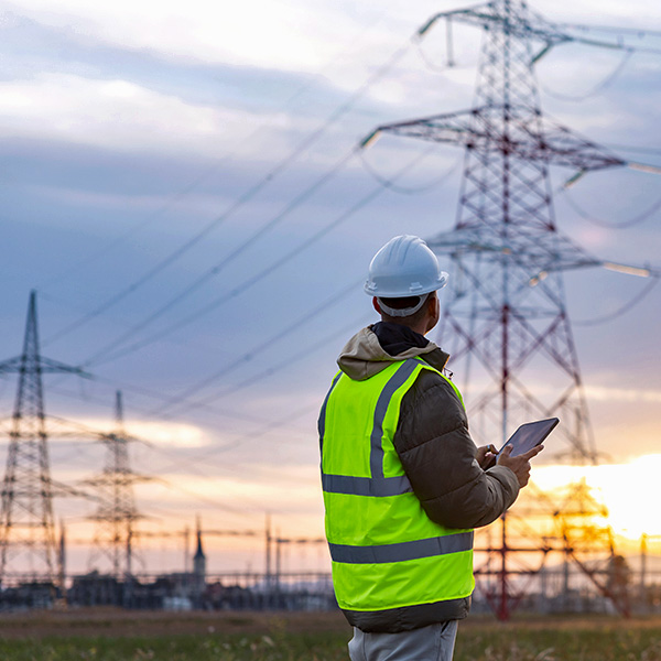 Engineer checks high-voltage power lines with a tablet outdoors.