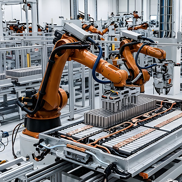 Industrial robotic arms assemble battery cells for electric vehicles on an automated conveyor line within a modern high tech factory