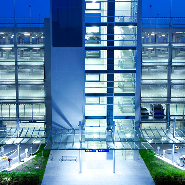 Parking garage night aerial view