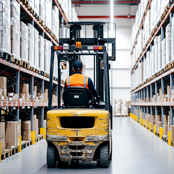 Warehouse worker driving forklift through aisles