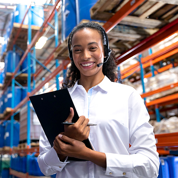 Smiling inventory manager with headset