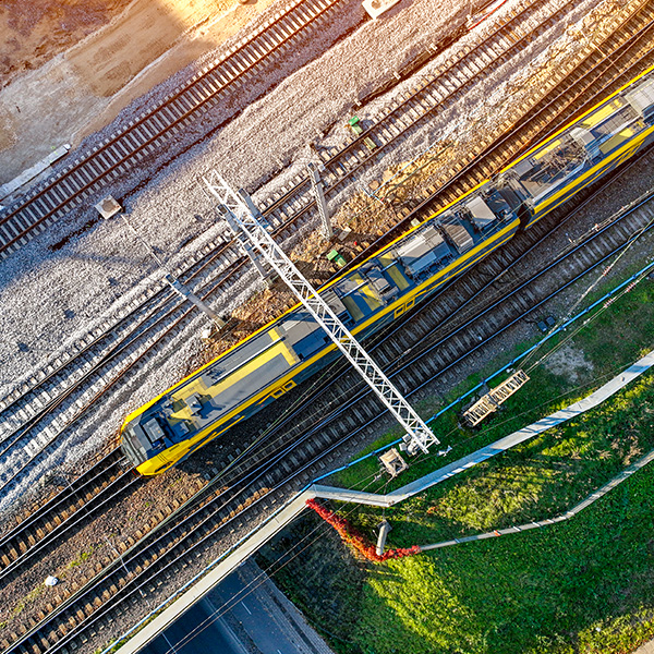 Overhead view of train on tracks