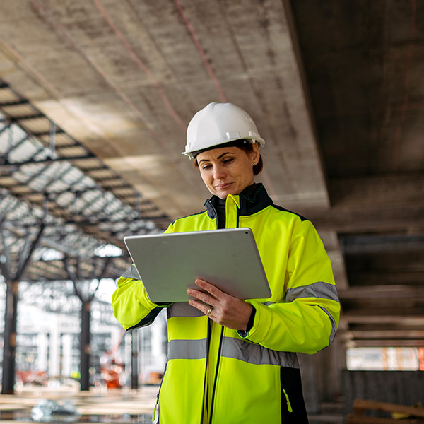 Female engineer checking building documentation on clipboard at construction site.