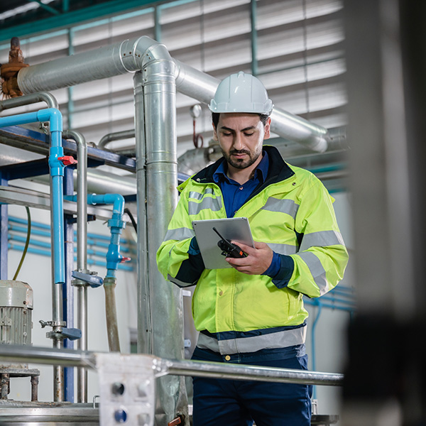 Operations manager doing visual inspection in automation factory.