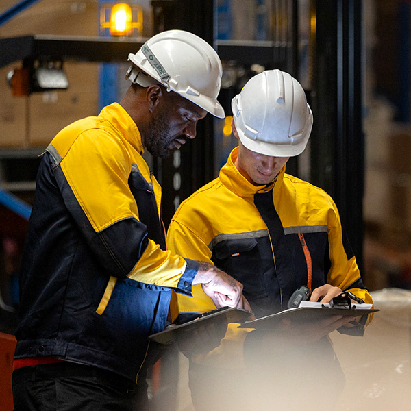 Warehouse workers checking inventory on tablets