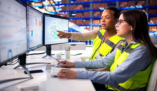 Inventory managers using computers in warehouse
