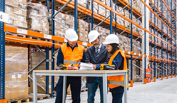 Warehouse managers checking inventory list